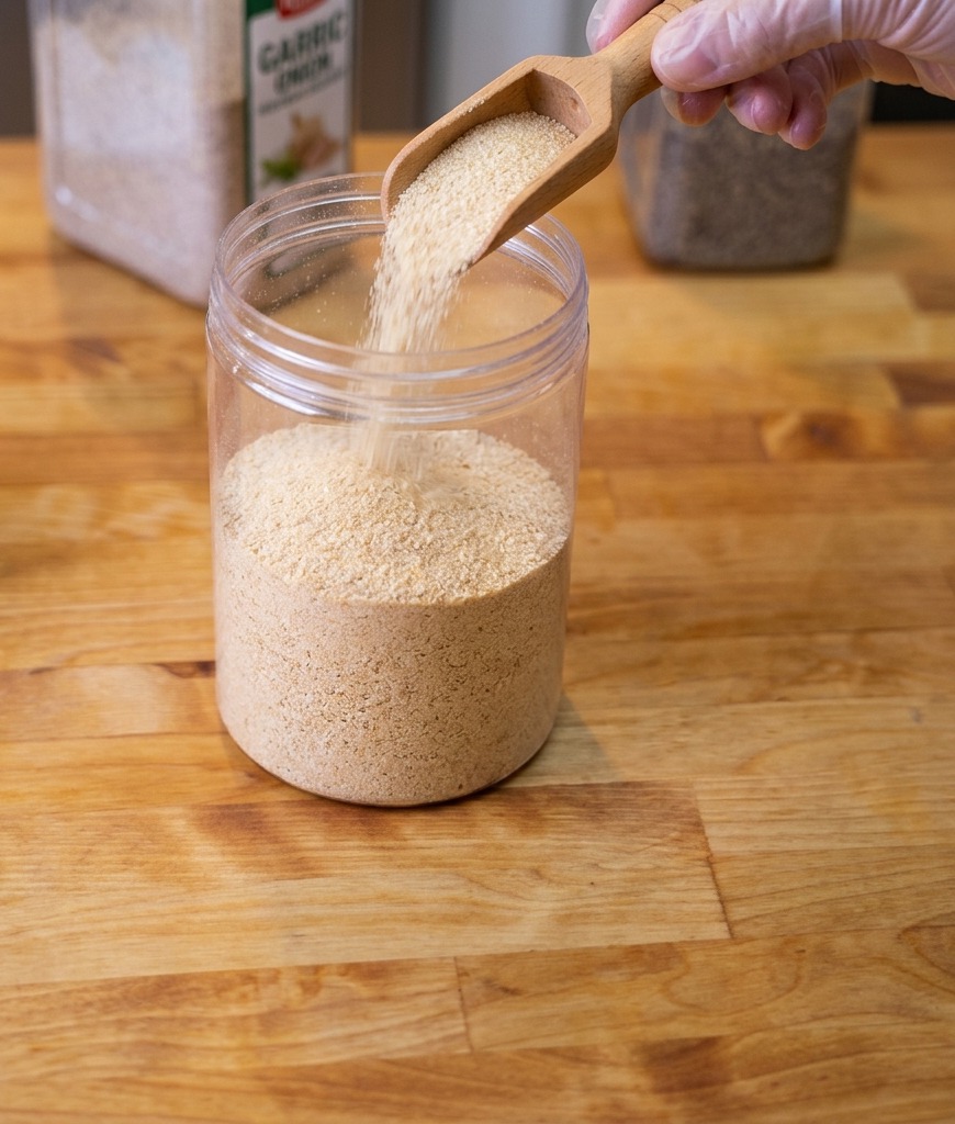 Pouring a light-colored spice powder from a small wooden scoop into a plastic container already holding layers of BBQ rub ingredients.