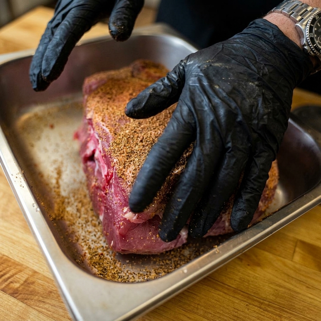 Black-gloved hands firmly pressing a thick, textured layer of dry BBQ rub onto a raw pork shoulder sitting in a metal pan.