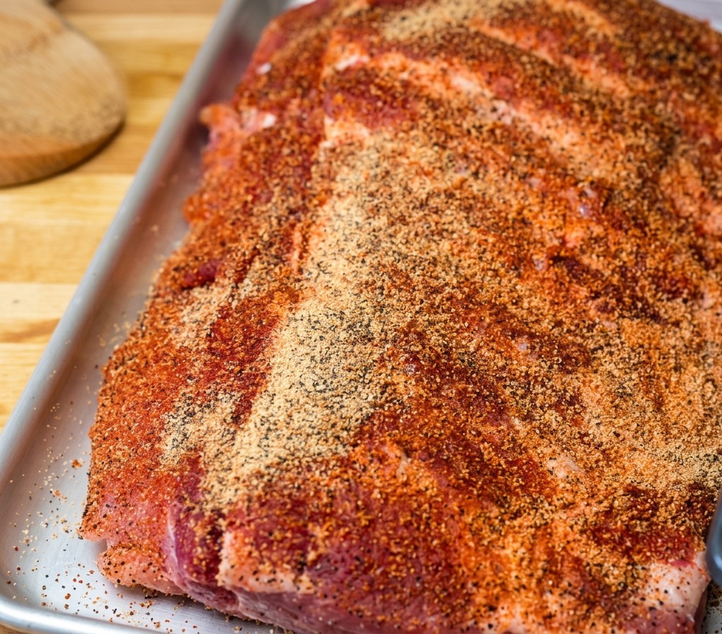 A close-up view of a raw rack of pork ribs completely coated in a reddish-brown dry spice rub on a silver tray.
