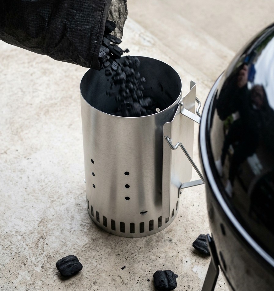 Charcoal briquettes tumbling out of a black paper bag into a shiny stainless steel chimney starter, sitting next to a black kettle grill.
