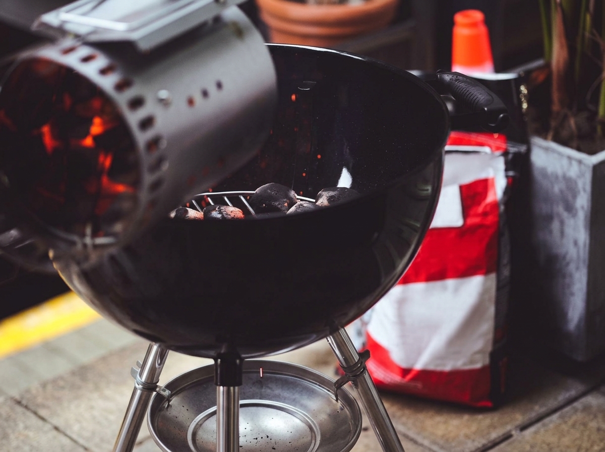 Glowing red-hot charcoal being poured from a metal chimney starter into the bottom of a black kettle grill.