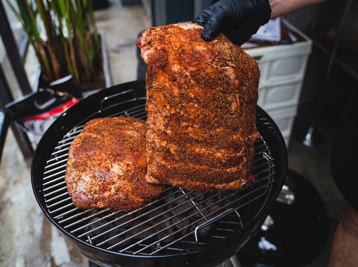 Gloved hands placing a large, seasoned raw pork shoulder and ribs onto the metal grate of a charcoal grill.