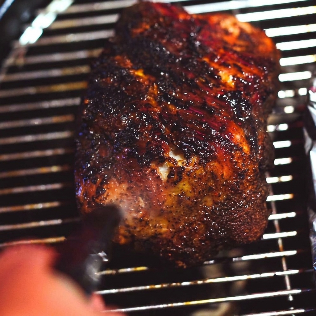 A dark, heavily crusted pork shoulder smoking on a grill being sprayed with a clear liquid from a bottle.