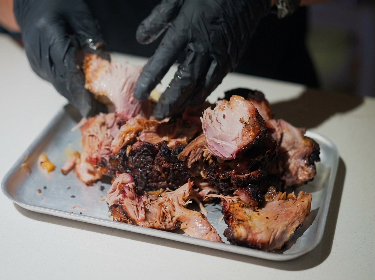 Gloved hands pulling apart a tender, dark-barked roasted pork shoulder on a metal baking sheet.