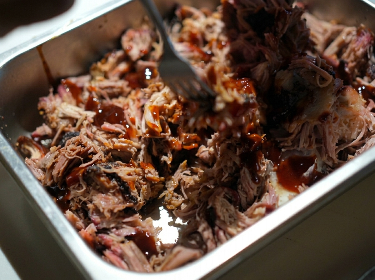 A fork mixing thick dark barbecue sauce into warm shredded smoked pork inside a metal pan.