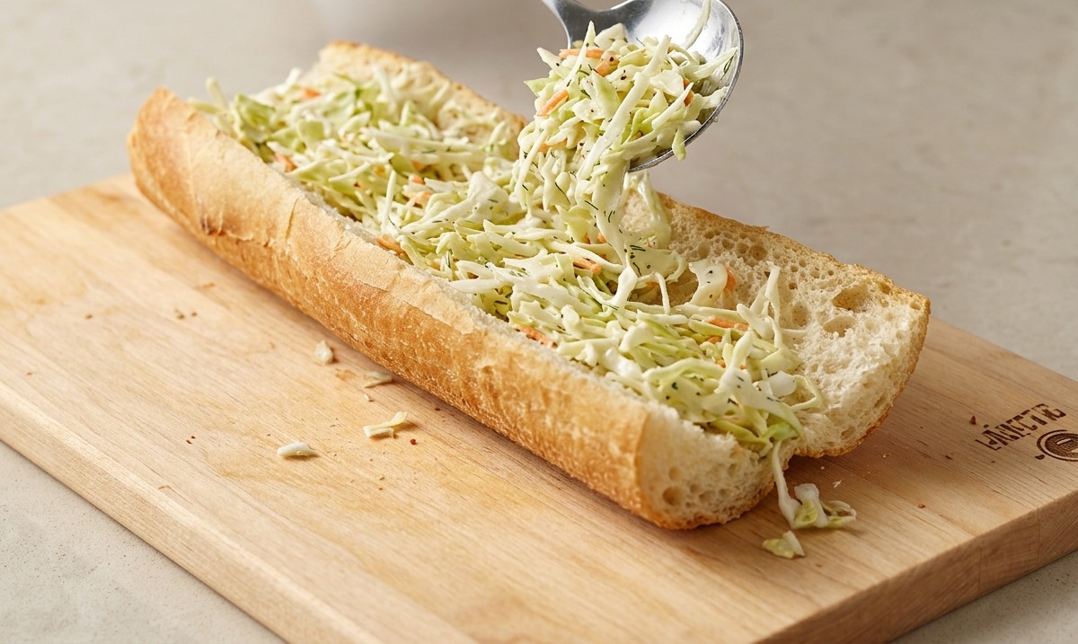 A person using a metal spoon to spread creamy shredded cabbage coleslaw inside a long, freshly sliced sandwich roll.