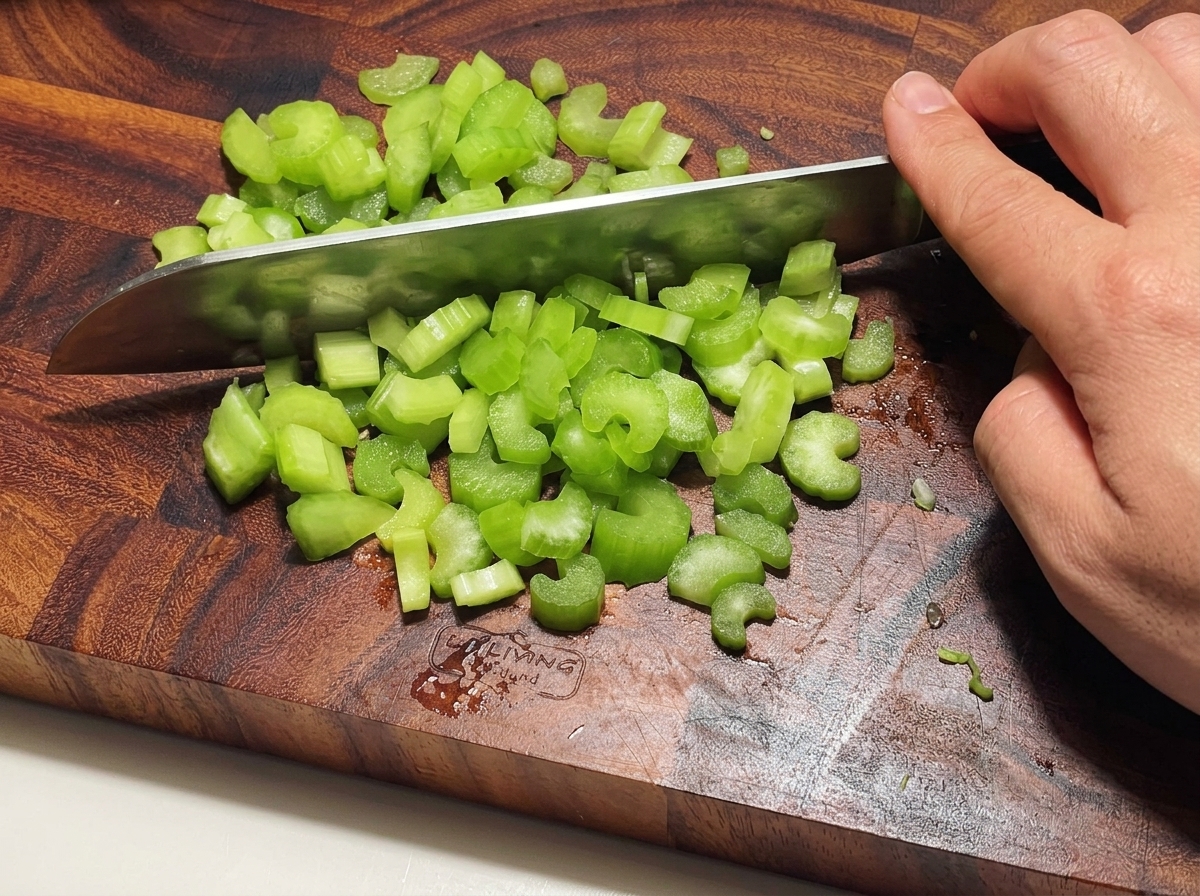 A hand holding a chefs knife, chopping fresh green celery stalks into small, even cubes on a wooden cutting board.