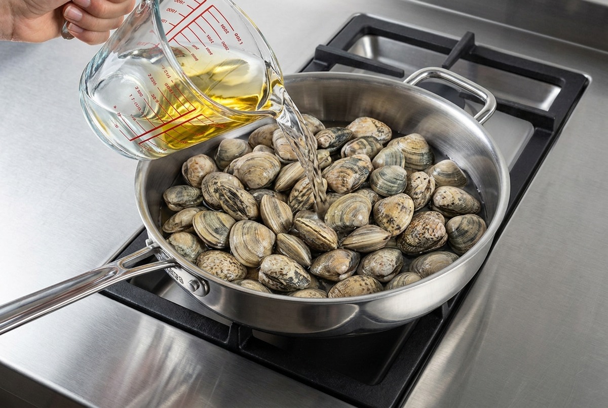 Water being poured from a measuring cup into a large stainless steel skillet filled with raw clams.