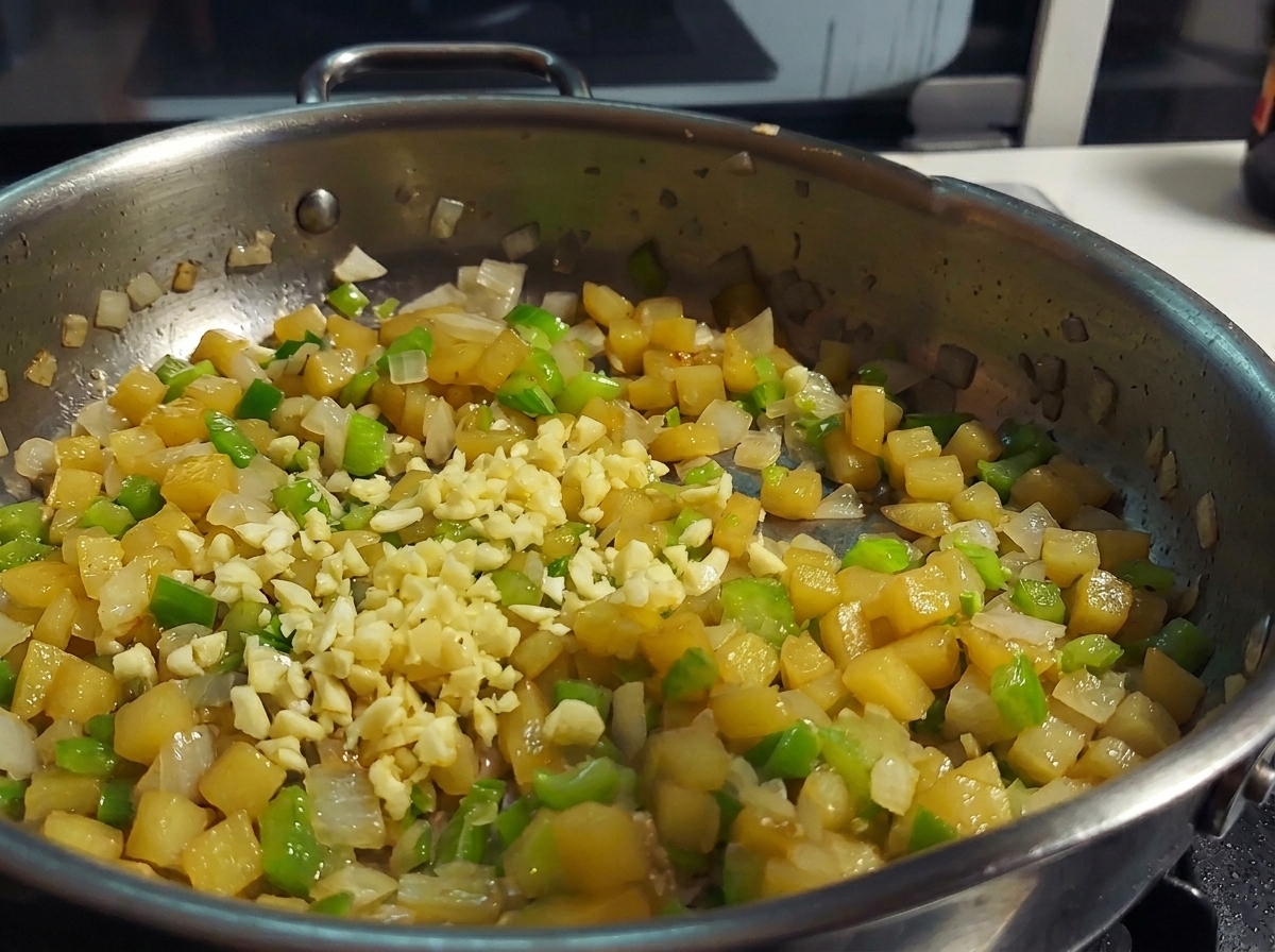 Fresh minced garlic added to a stainless steel pan filled with softened diced potatoes, celery, and onions.