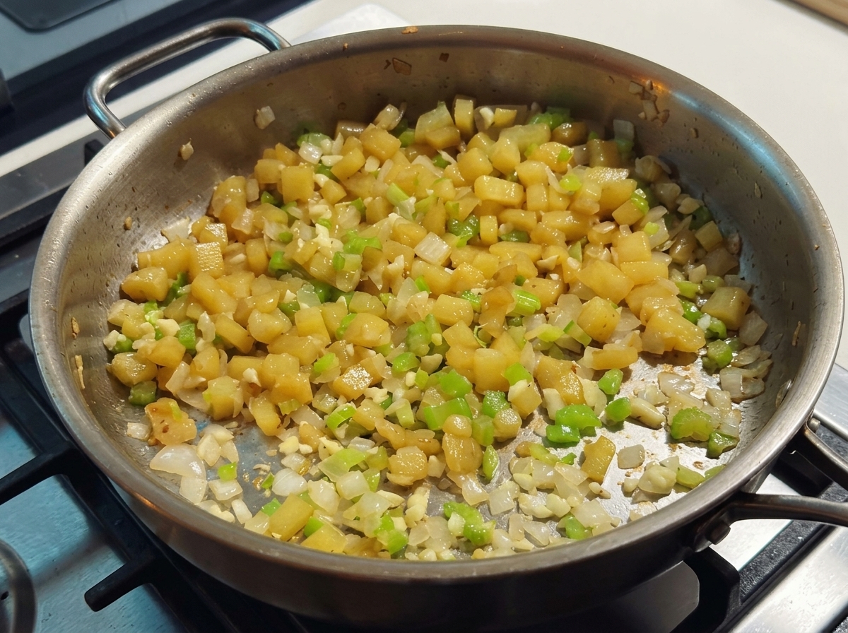 Melted butter and flour being stirred into sautéed diced potatoes, celery, and onions in a pan.