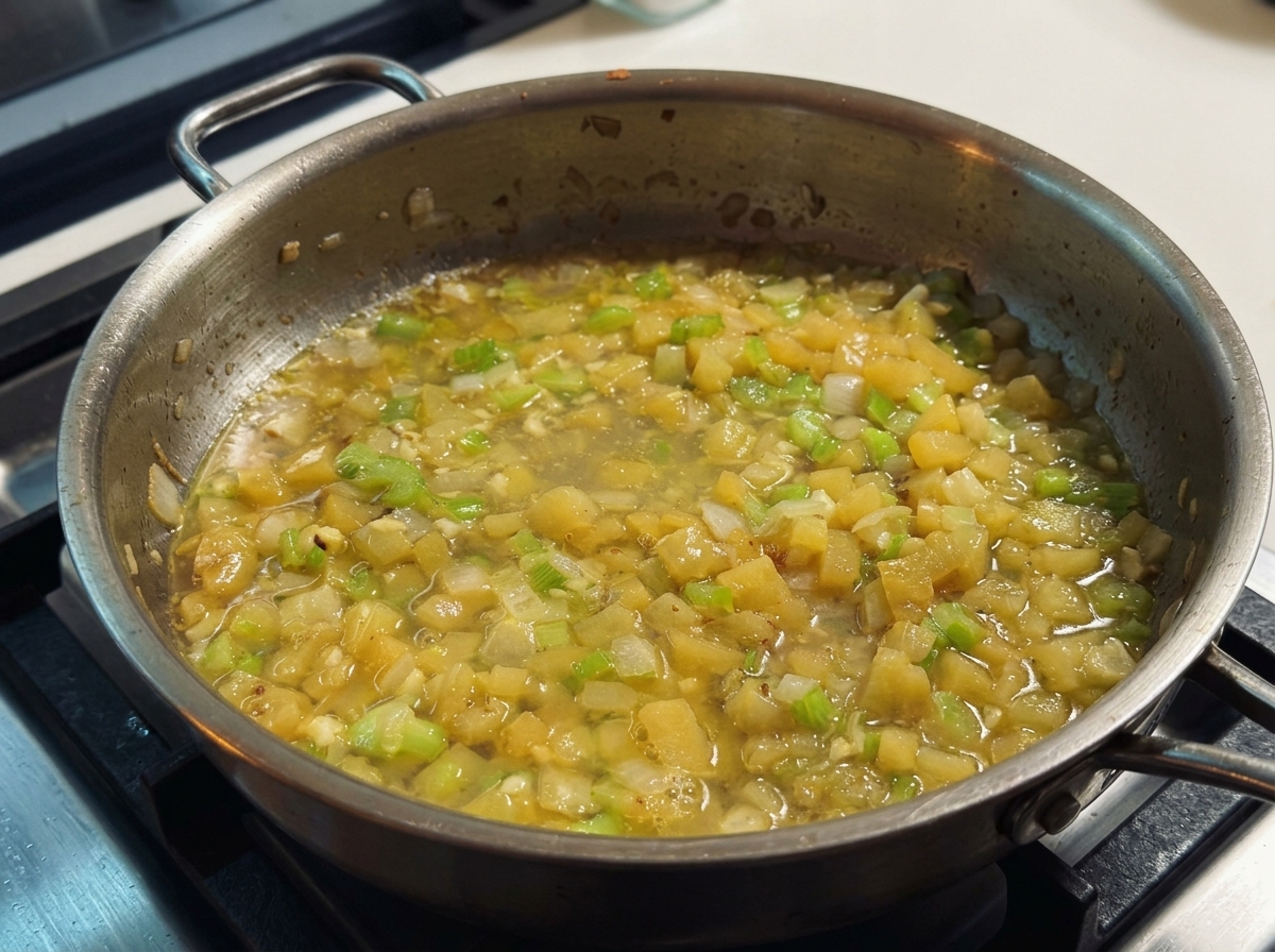 Strained clam broth simmering with sautéed diced vegetables in a stainless steel pan.