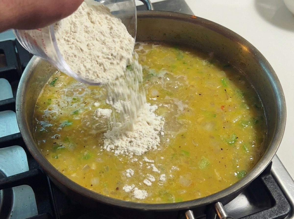 A wooden spoon stirring a thick, simmering broth with diced vegetables in a stainless steel pan.