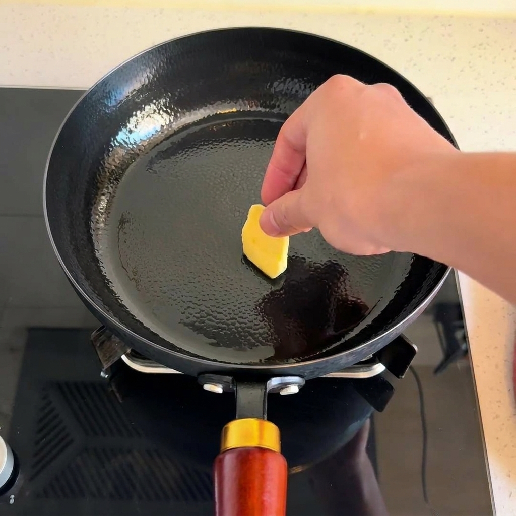 A hand placing a square pat of yellow butter into a heated black frying pan.