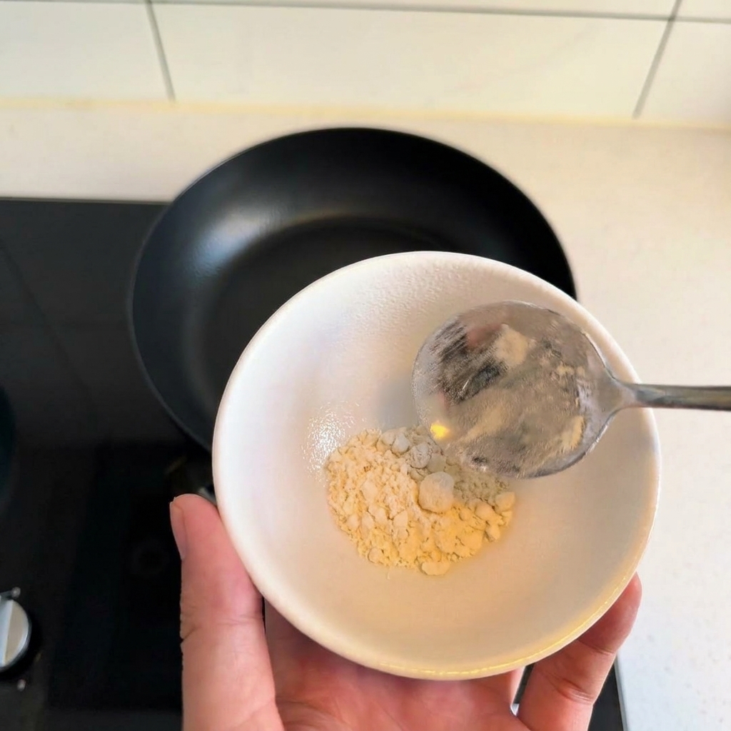 A spoonful of white flour in a small white bowl.