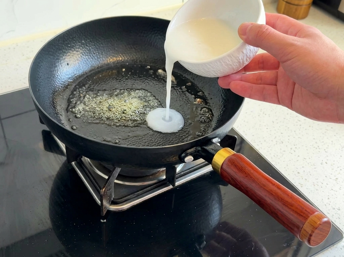 Pouring a white flour-water mixture from a bowl into a pan containing melted butter.