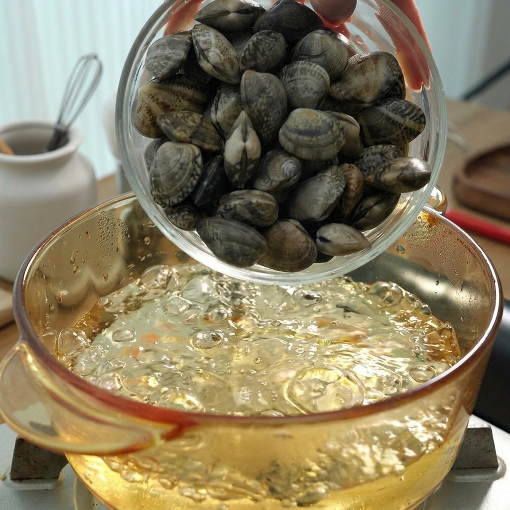 Fresh clams being poured from a glass bowl into a pot of boiling water.