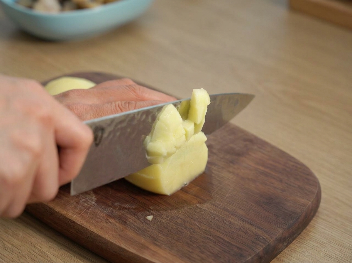 Hands dicing a peeled yellow potato into small, uniform cubes on a wooden cutting board.