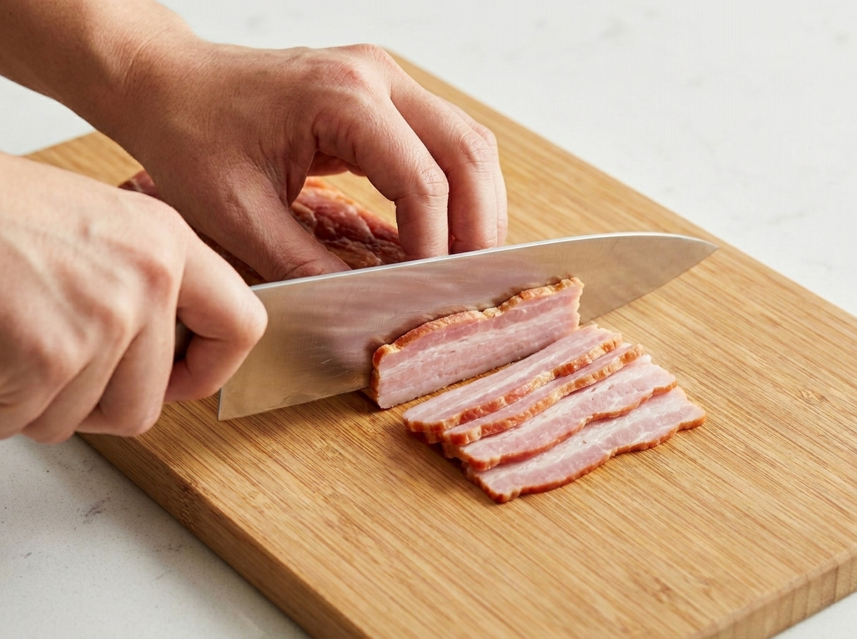 Hands using a knife to slice a stack of raw bacon into small strips on a wooden cutting board.
