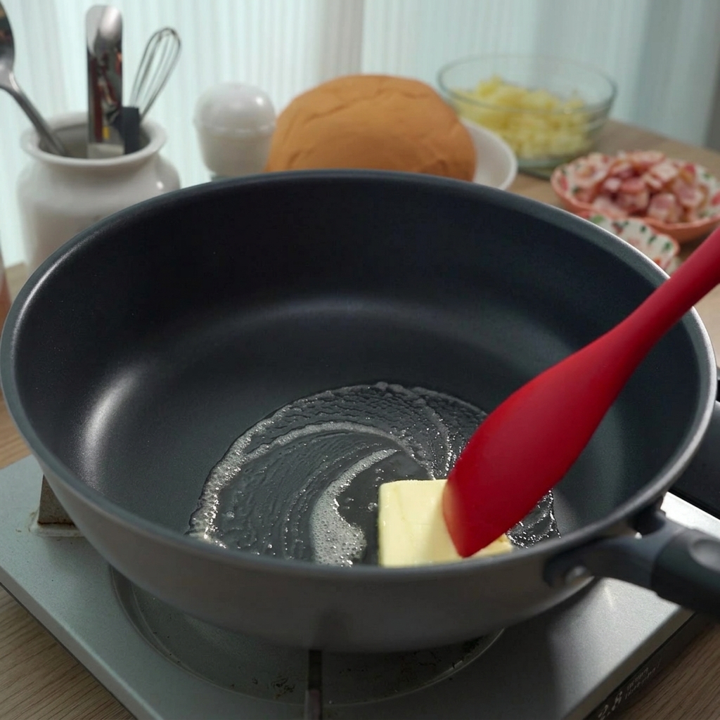 A square of butter melting in a black frying pan, being stirred with a red spatula.