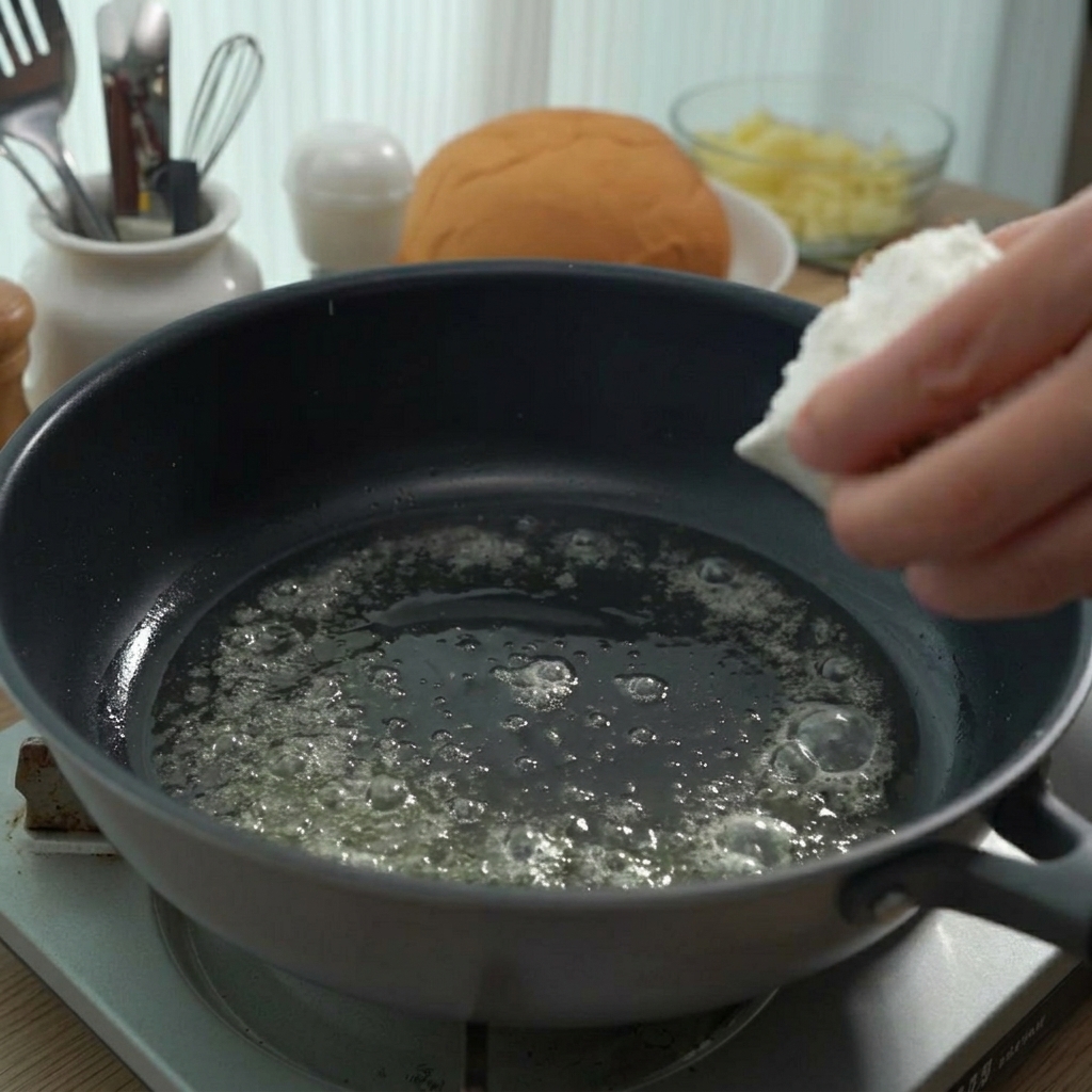 A hand dropping white flour into melted butter in a frying pan.