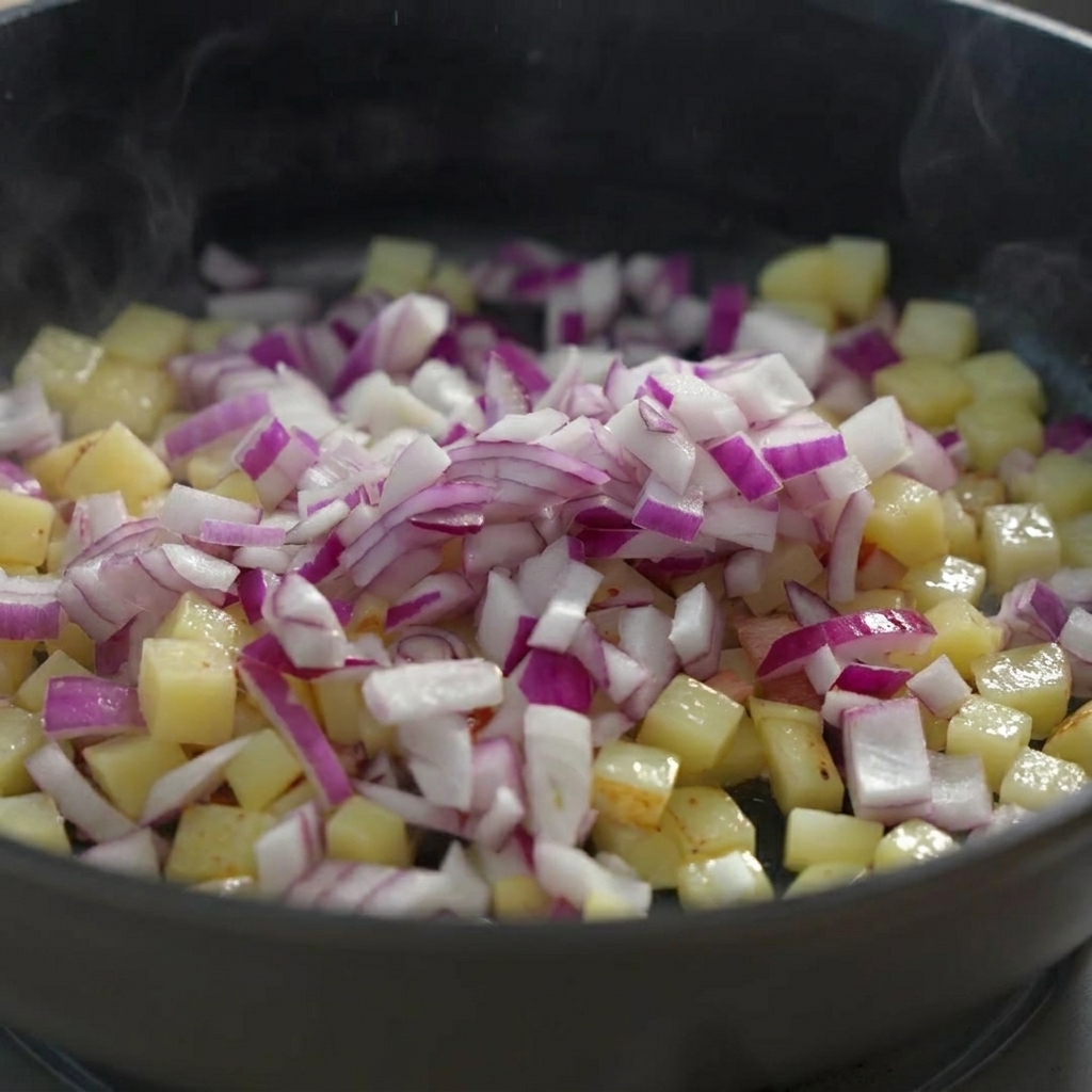 Freshly diced red onions being dropped into a steaming hot pan already containing cooked cubed potatoes.