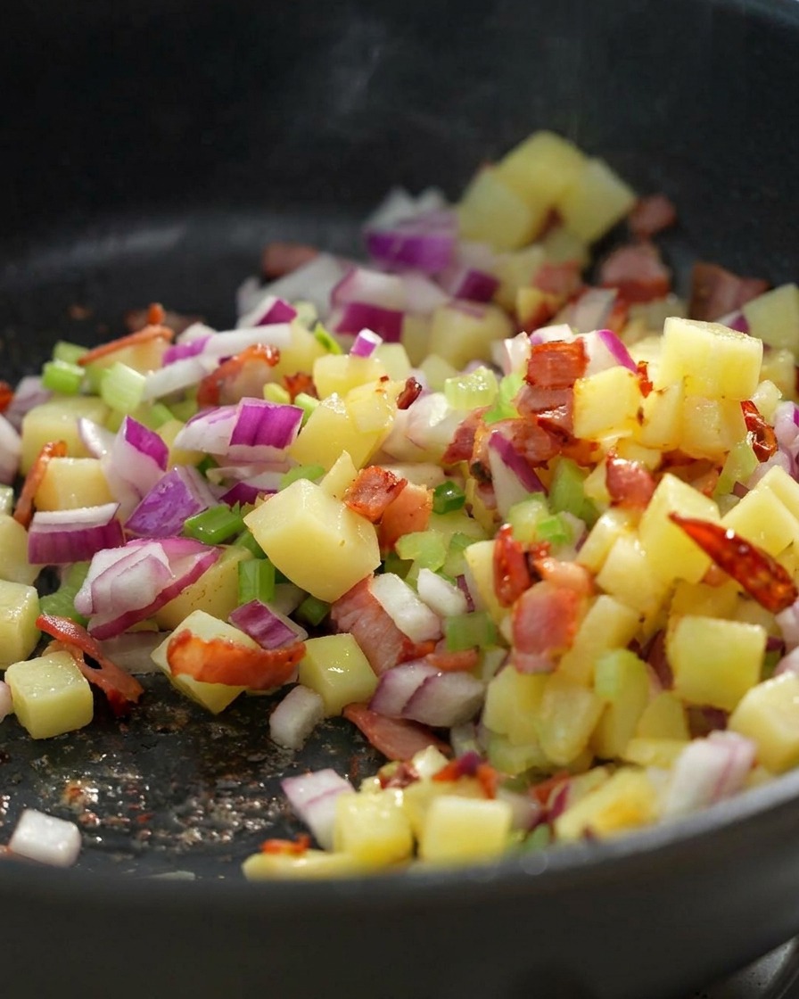 Clear clam cooking broth being poured into a pan of sauteed diced vegetables and bacon.