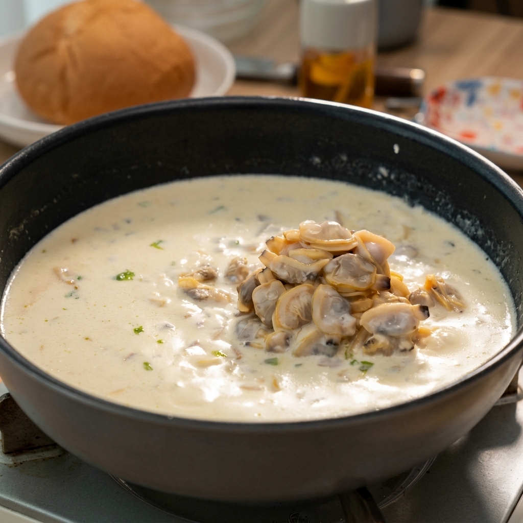A pile of cooked clam meat resting in the center of a creamy, simmering chowder in a black pan.