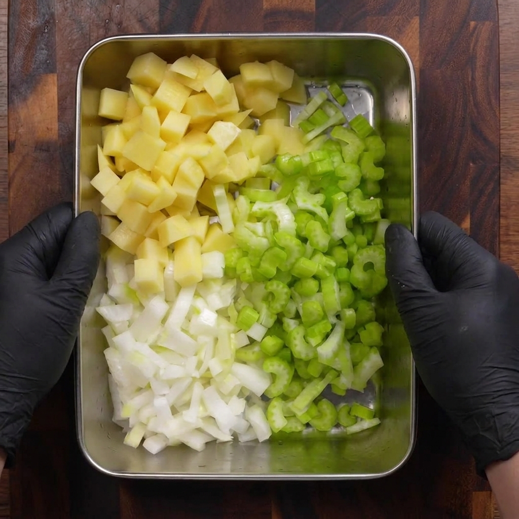 A metal tray holding neatly separated piles of diced potatoes, celery, and onions.