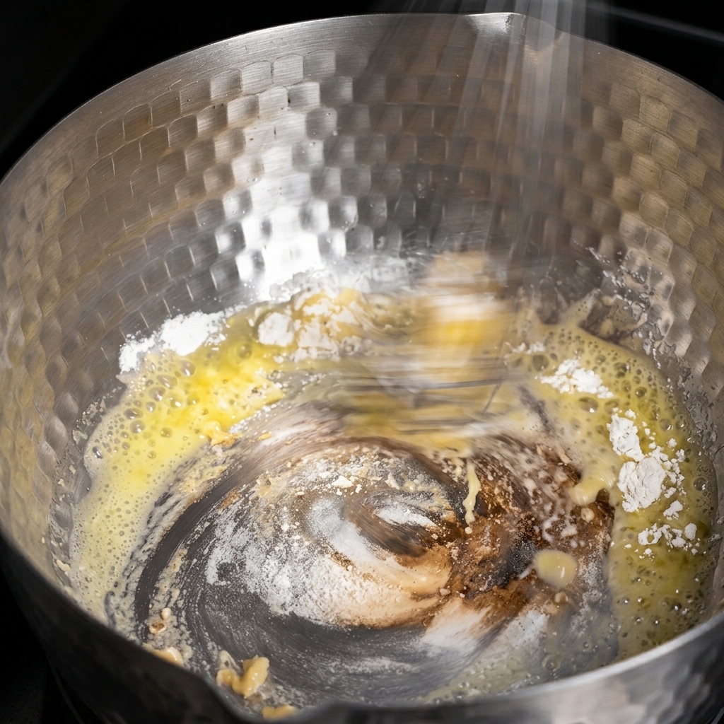Flour and melted butter being rapidly whisked together in a textured metal saucepan to form a thick paste.