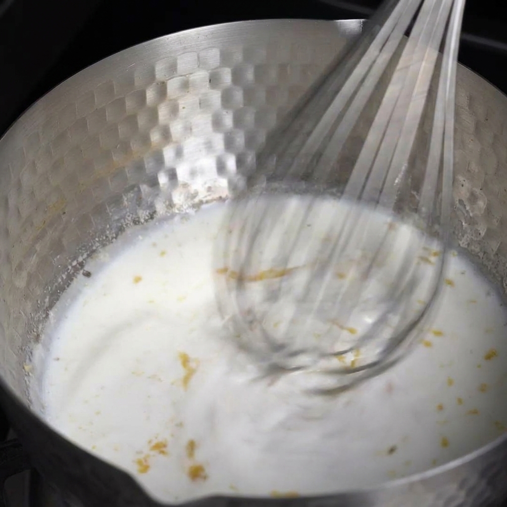 A wire whisk rapidly stirring a creamy white sauce in a textured metal pot.