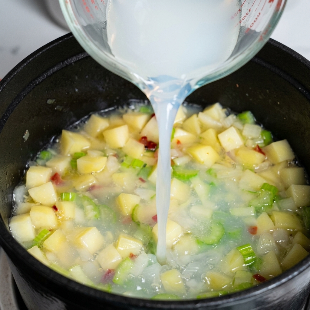 Pouring opaque white clam broth from a glass measuring cup into a pot of simmering vegetables.