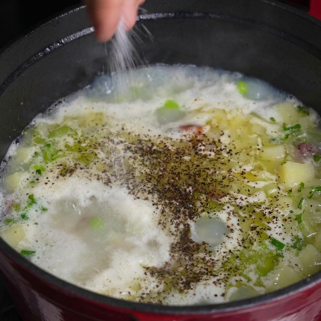 A hand sprinkling salt into a pot of bubbling soup with black pepper and diced vegetables.