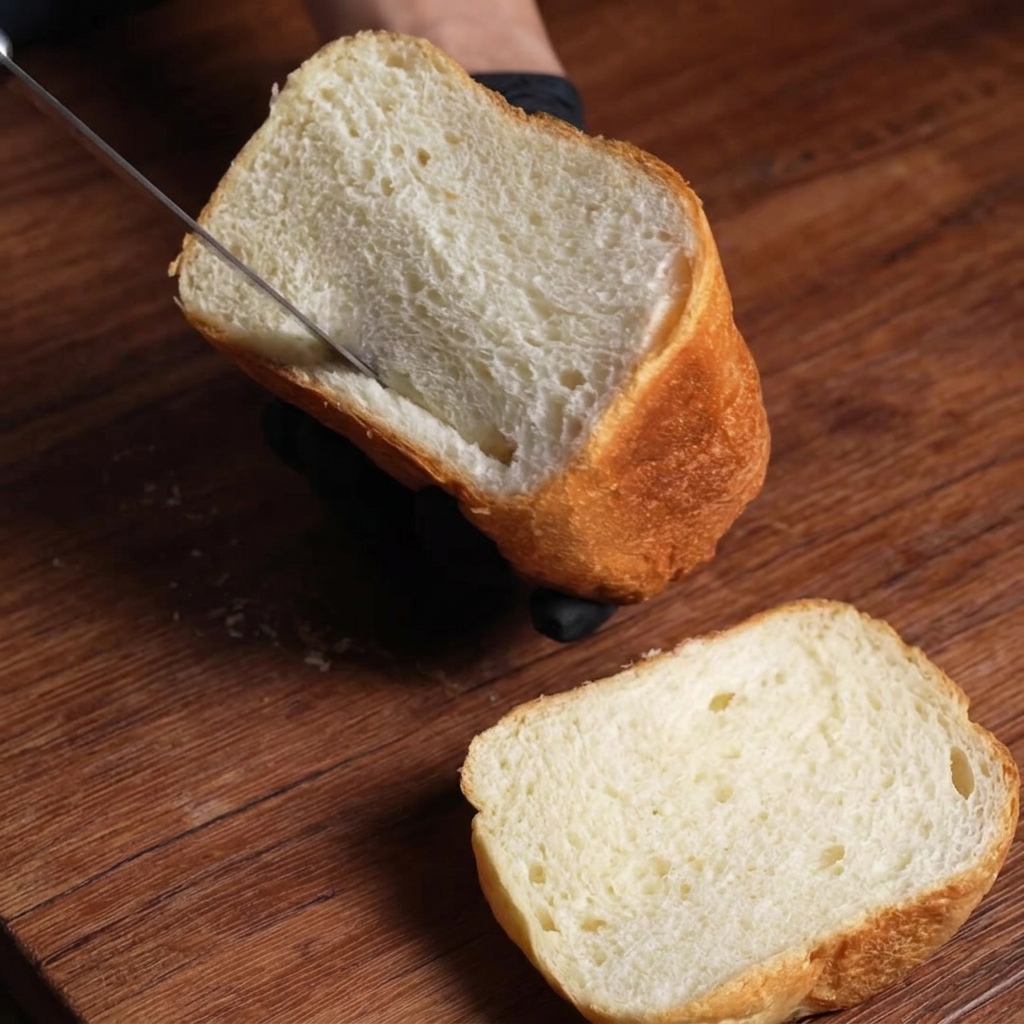 A person wearing black gloves using a knife to remove the fluffy white center from a crusty bread loaf on a wooden surface.