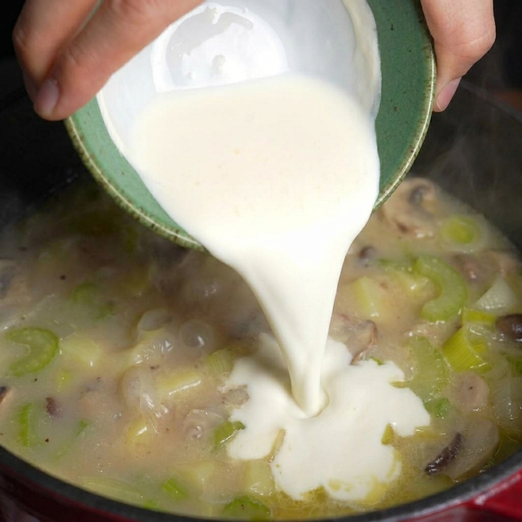 Rich white cream being poured from a green ceramic bowl into a pot containing chopped celery and potatoes.