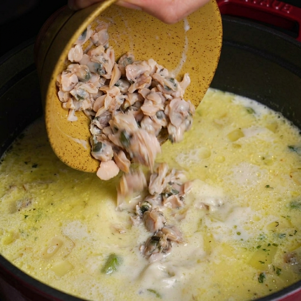 A person pouring a bowl of roughly chopped clam meat into a pot of simmering creamy chowder.