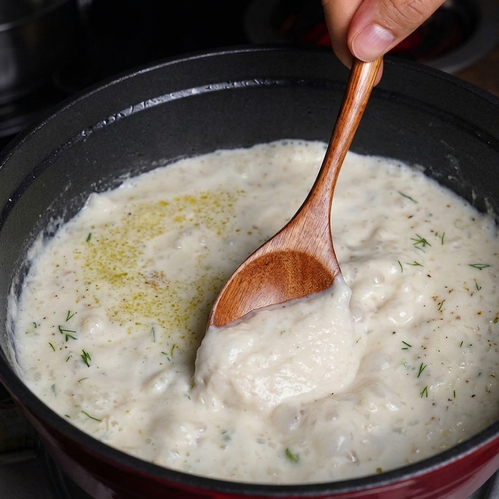 A wooden spoon stirring a thick creamy white clam chowder sprinkled with fresh green dill in a dark pot.