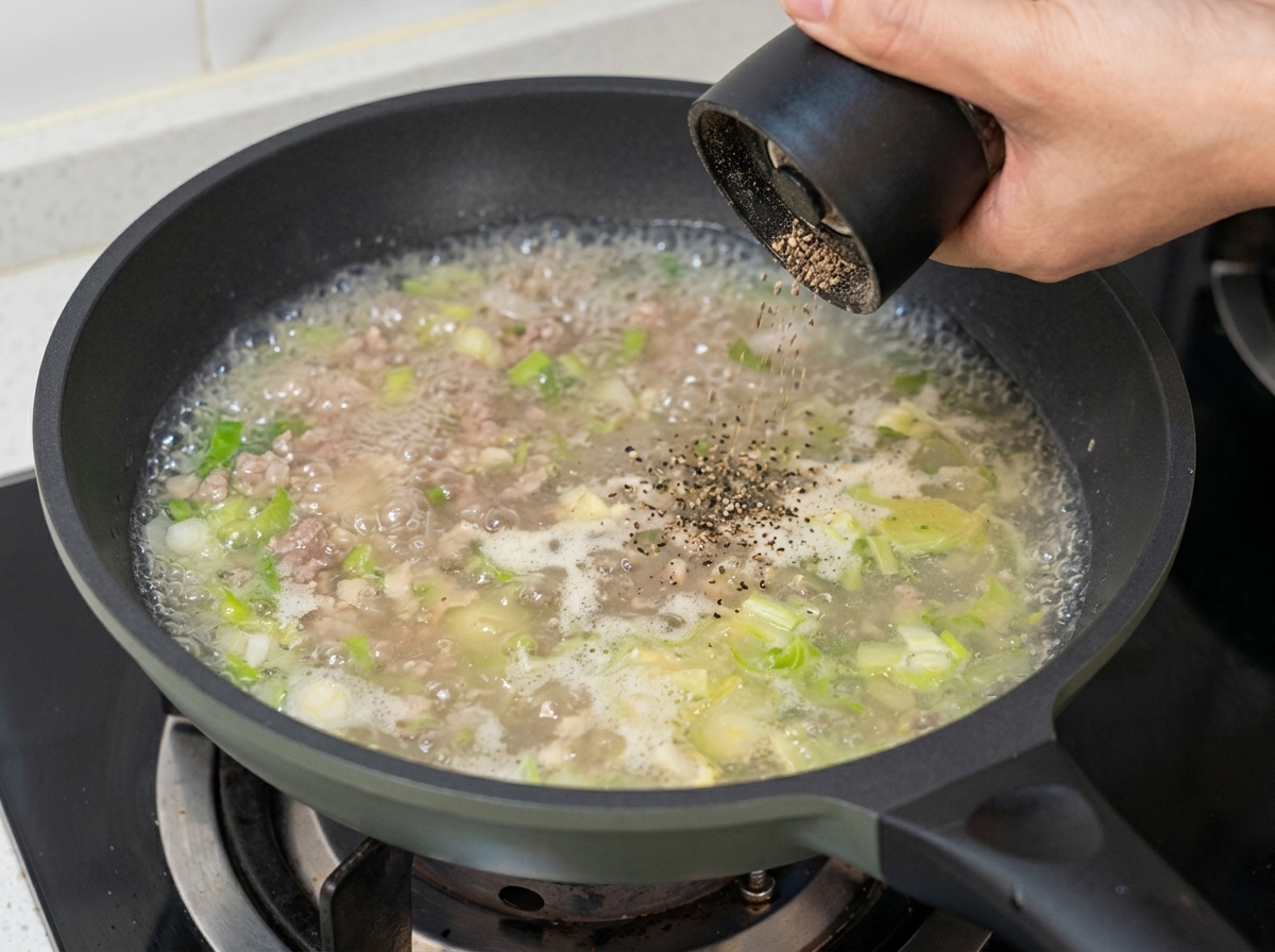 A hand using a black pepper mill to grind fresh black pepper over a simmering pan of vegetables and broth.