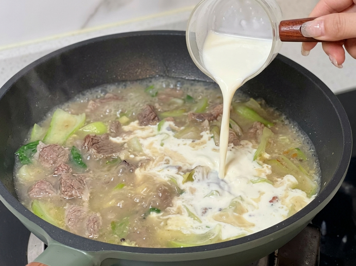 A hand pouring a white milk and cream mixture from a small glass pitcher into a simmering pan.