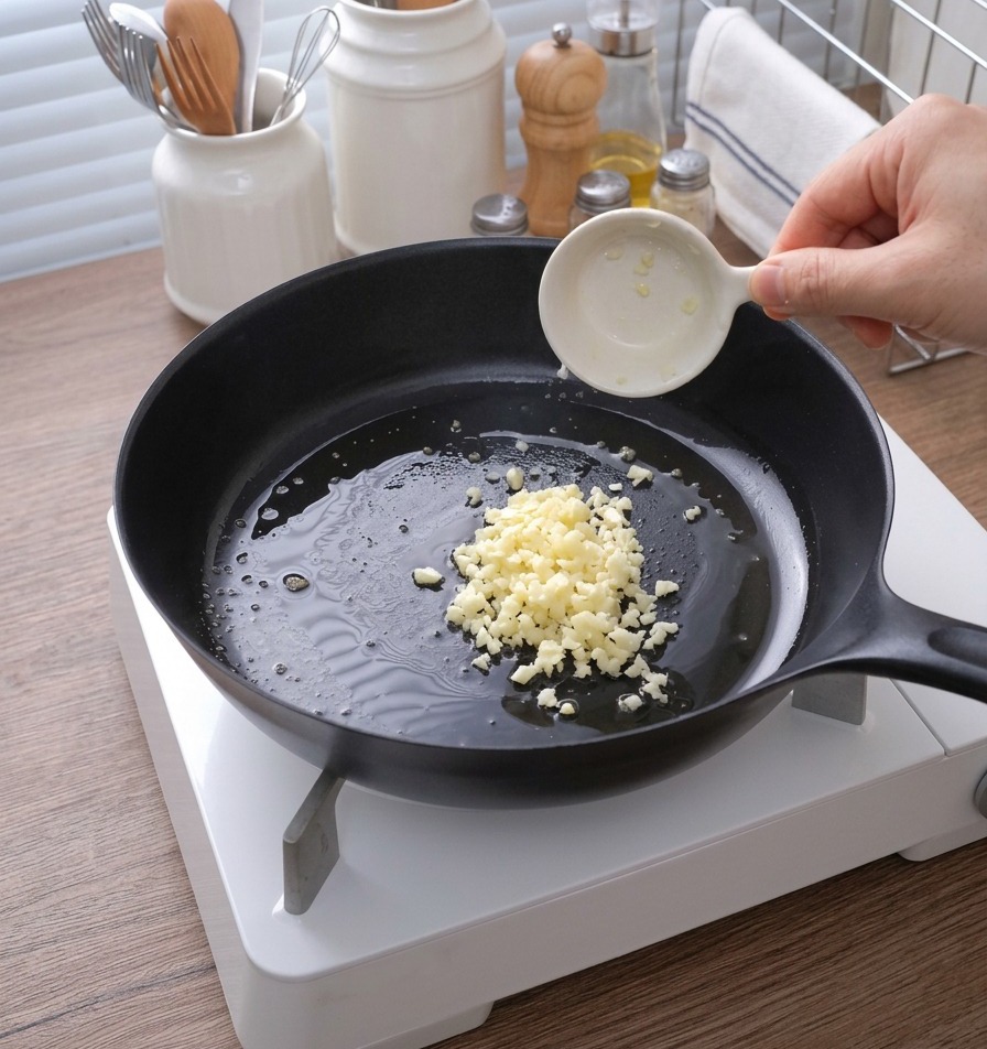 Pouring minced garlic from a small white cup into a hot pan with melted butter.