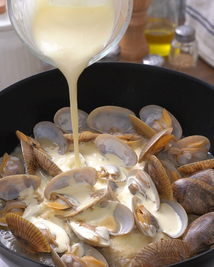 Liquid heavy cream being poured from a glass measuring cup into a pan of open cooked clams.