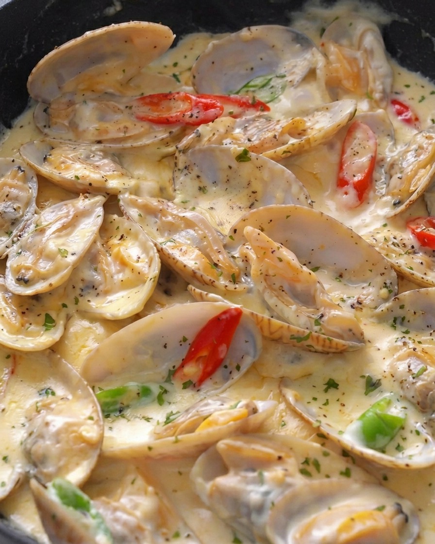 A pan of bubbling creamy clams garnished with sliced chili peppers and freshly chopped parsley.