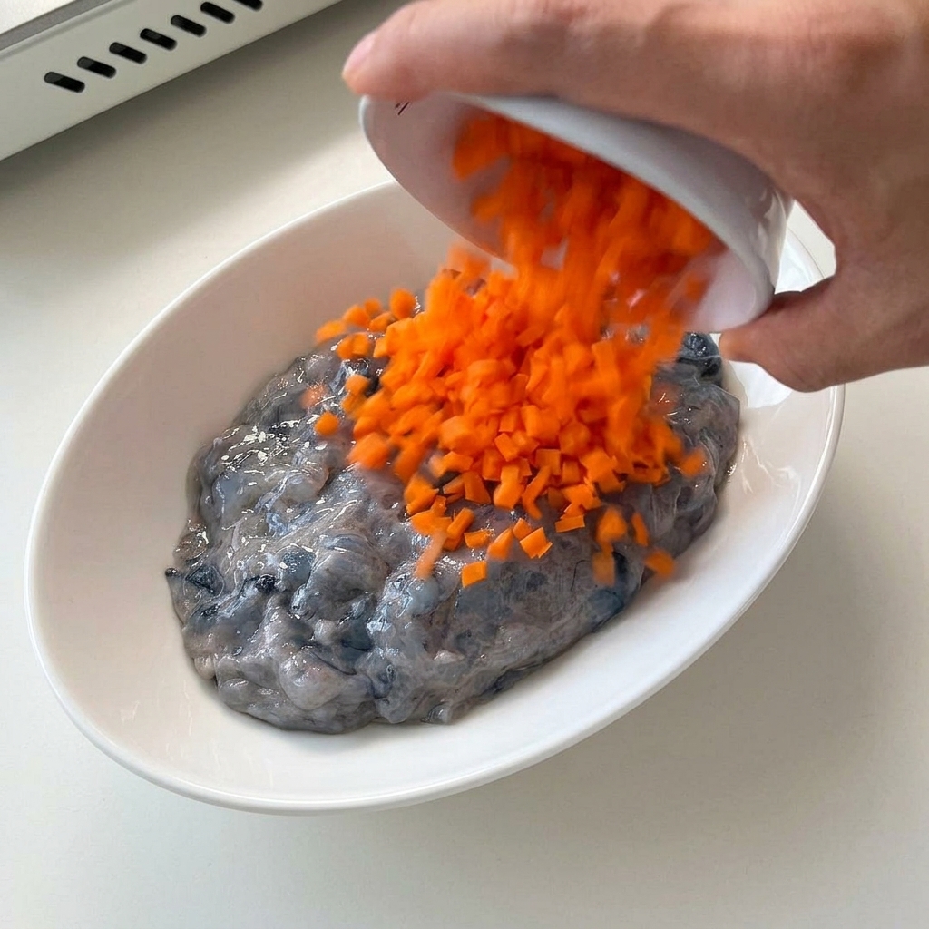 Diced carrots being poured from a small white bowl onto a bed of raw grey shrimp paste.