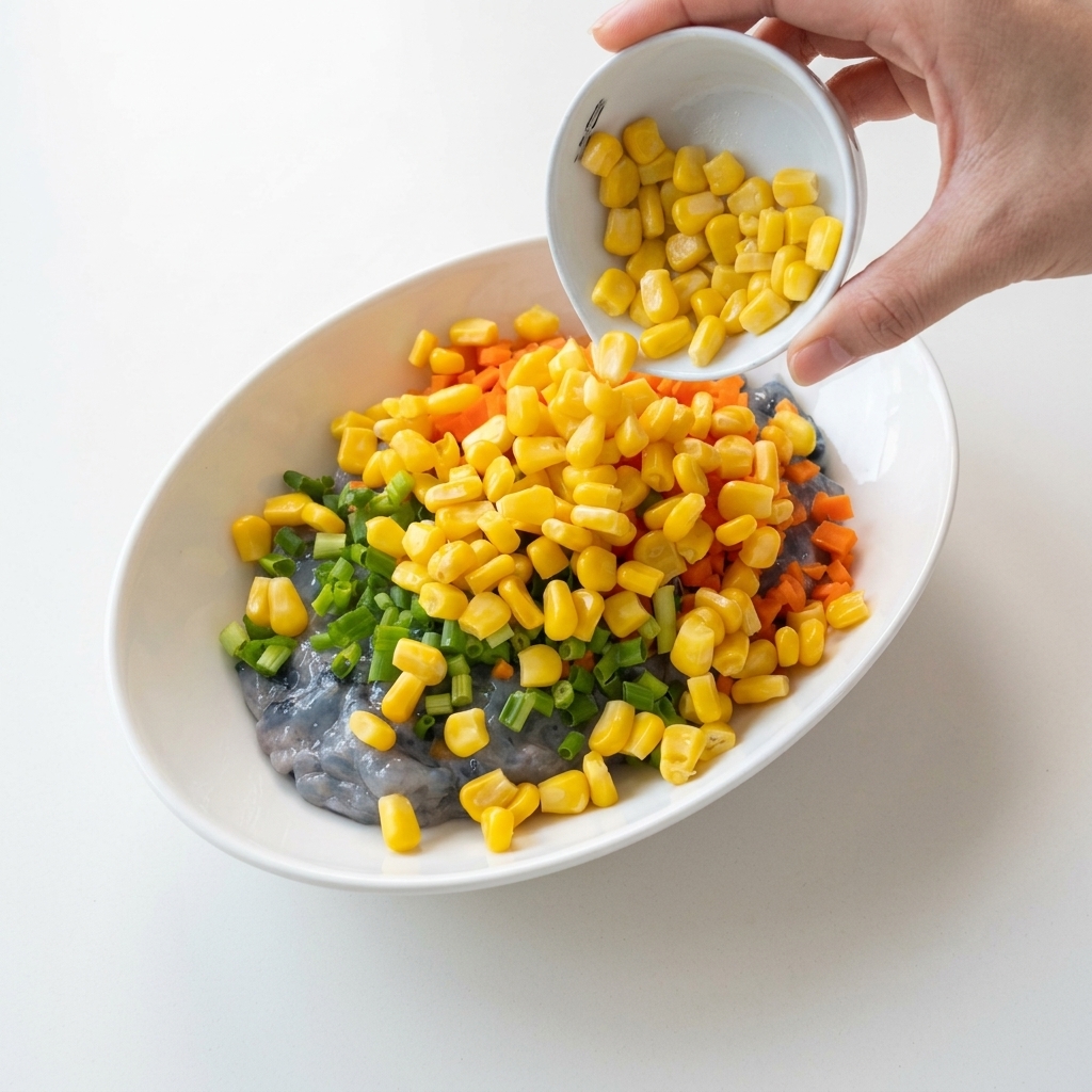 Yellow corn kernels being added to the mixture of shrimp paste, carrots, and green onions.