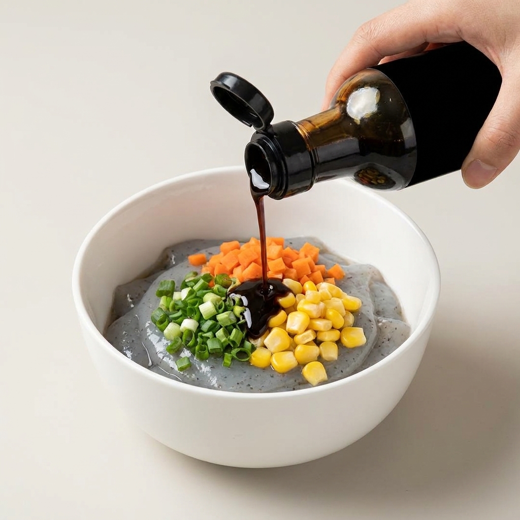 Dark seasoning sauce being poured from a bottle over the shrimp paste, corn, carrots, and green onions.
