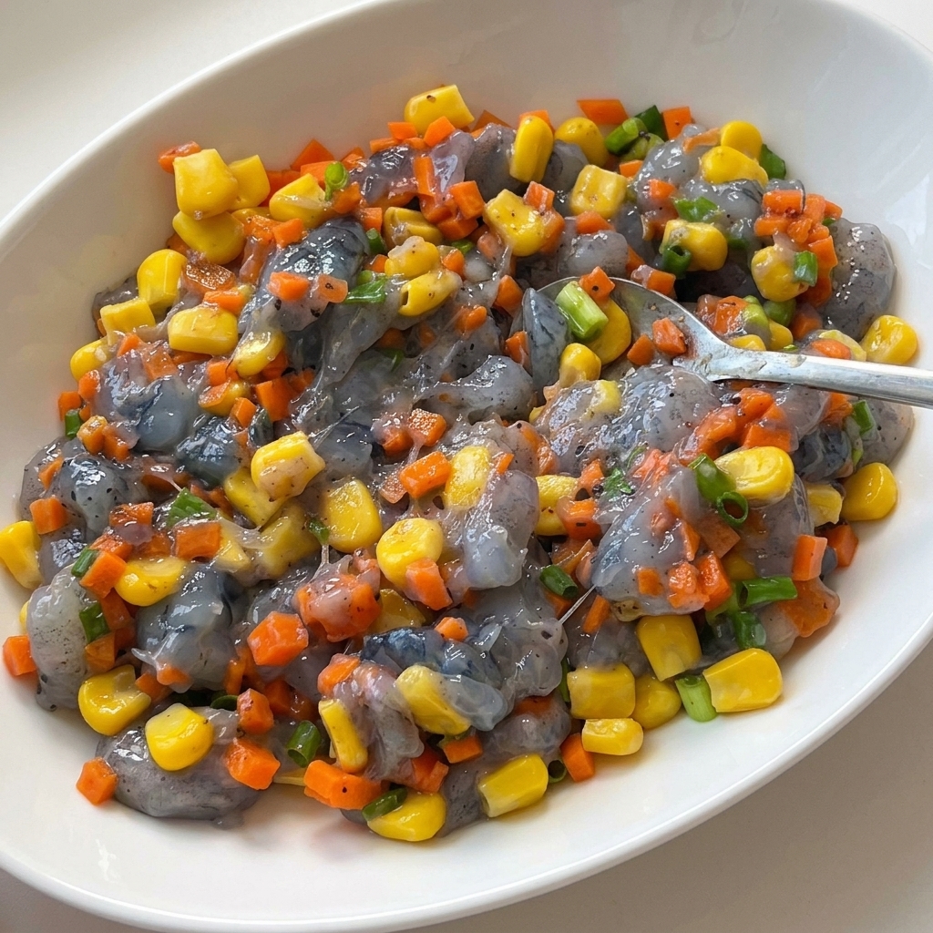 Translucent raw shrimp paste mixed with bright yellow corn kernels, orange diced carrots, and green scallions in a white bowl.