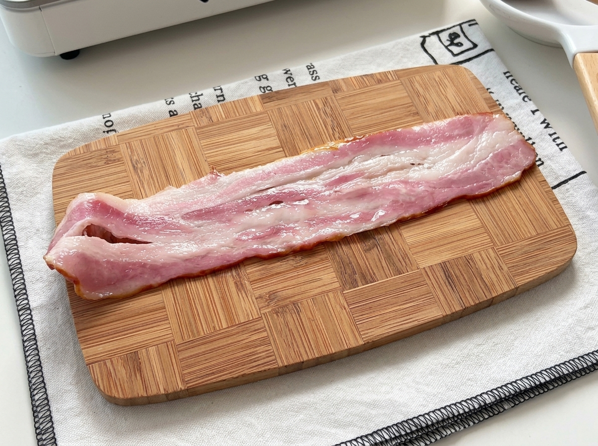 A single strip of raw bacon laid out flat on a small wooden cutting board.