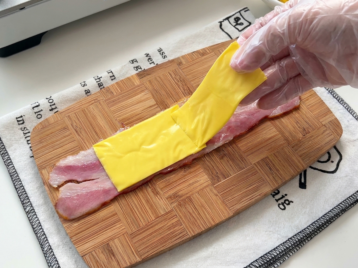 A gloved hand placing a square slice of yellow cheese onto a strip of raw bacon on a bamboo cutting board.