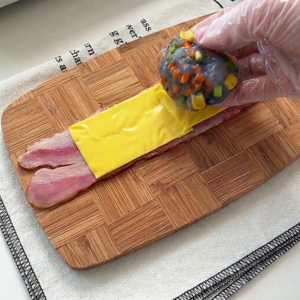 A gloved hand placing a round scoop of colorful, raw shrimp paste filling onto a slice of yellow cheese layered over two strips of bacon on a bamboo cutting board.
