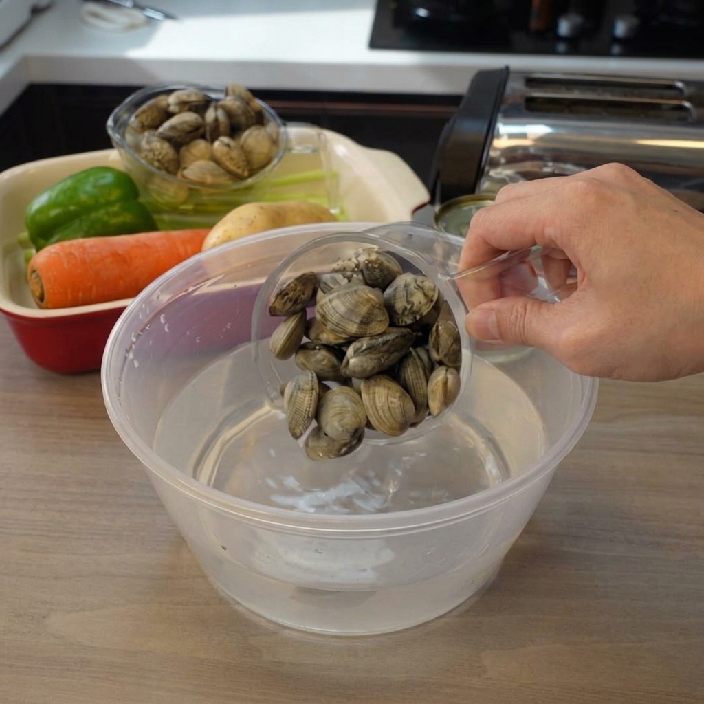 Hands pouring raw clams from a plastic cup into a clear bowl of water to soak.