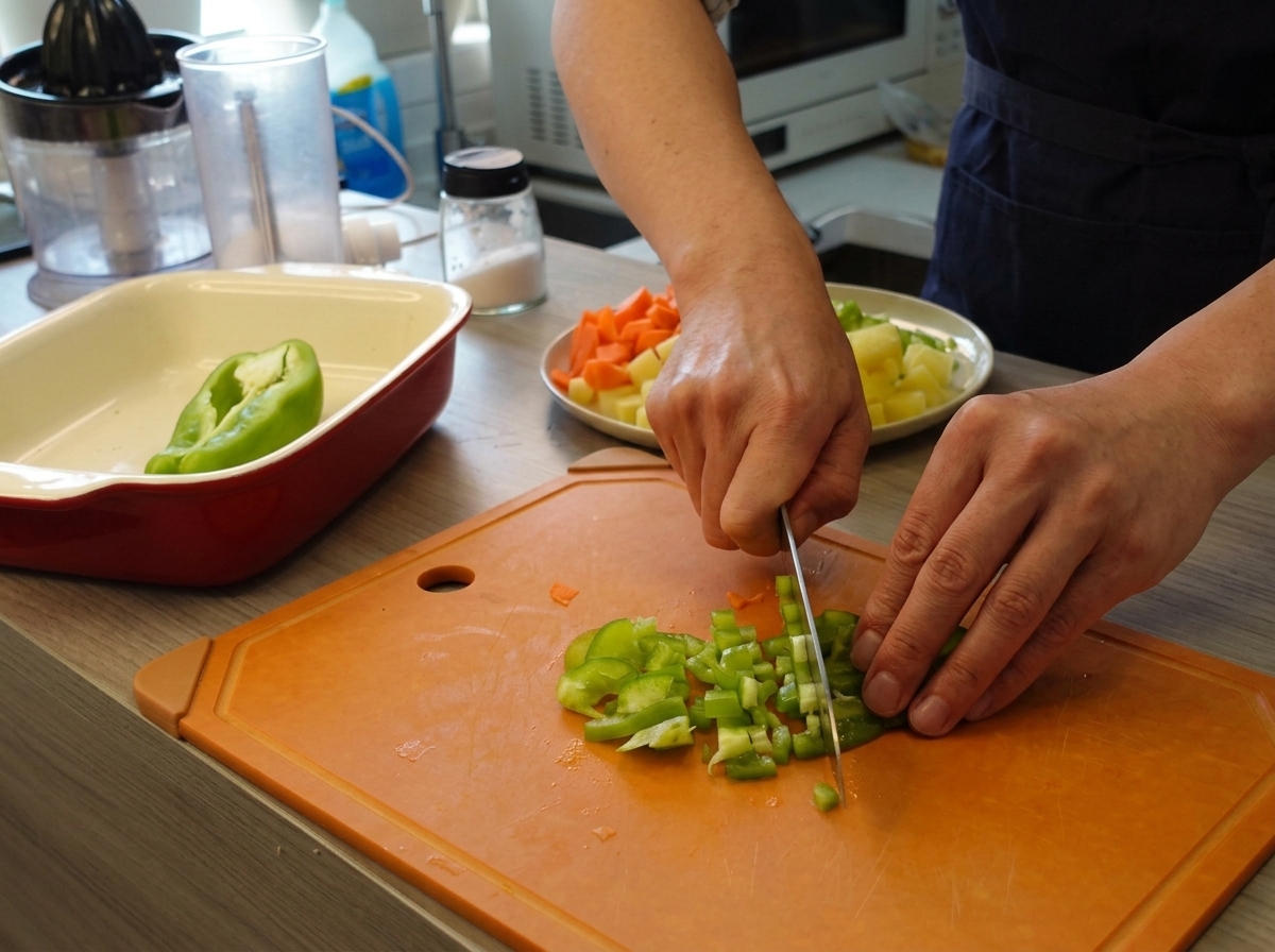 Hands using a knife to chop a green bell pepper into small pieces on an orange cutting board.
